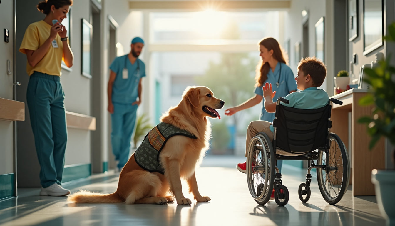 Therapy dog comforting child in hospital with handler present