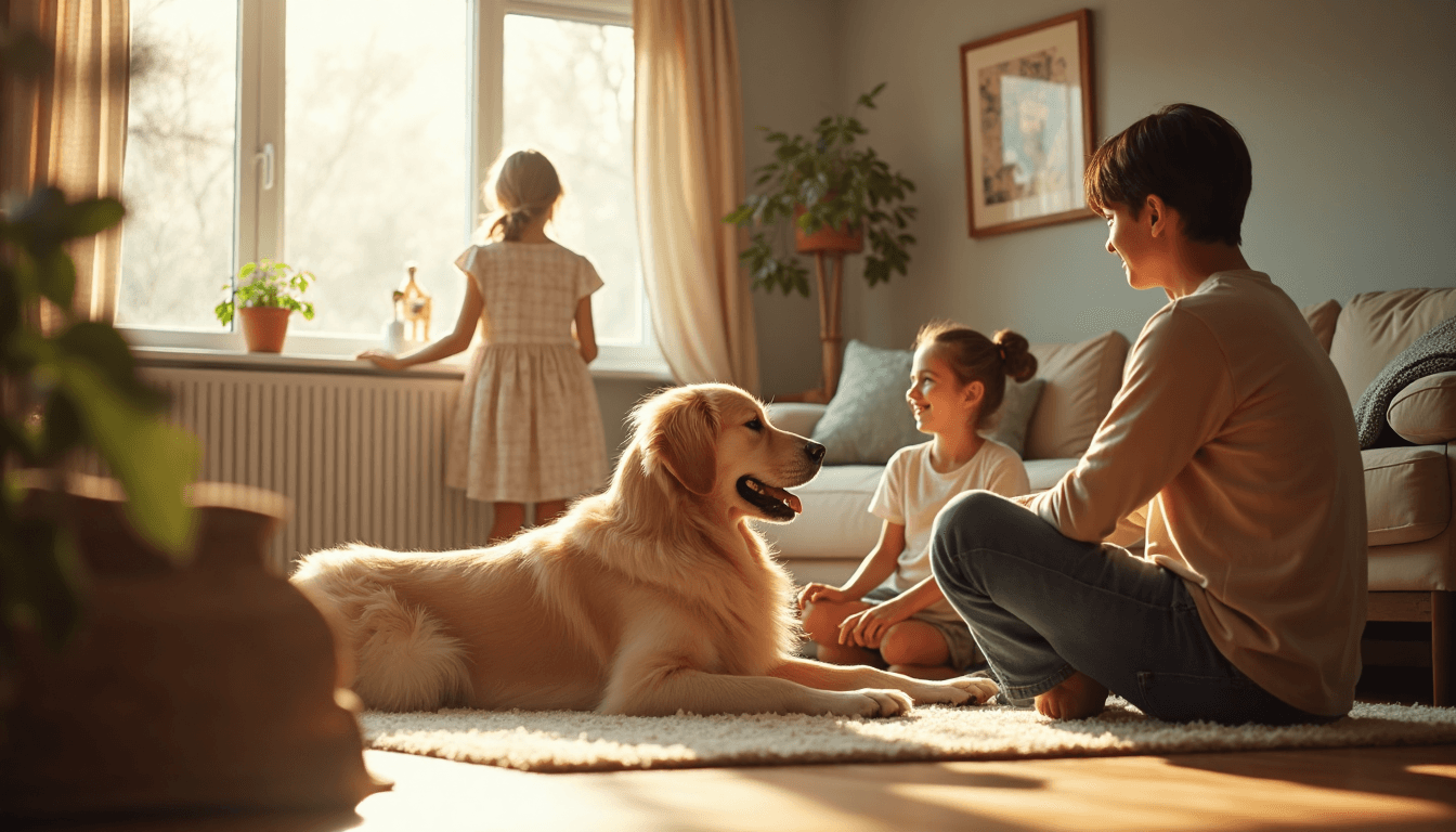 Family with children caring for a relaxed dog in sunlit living room