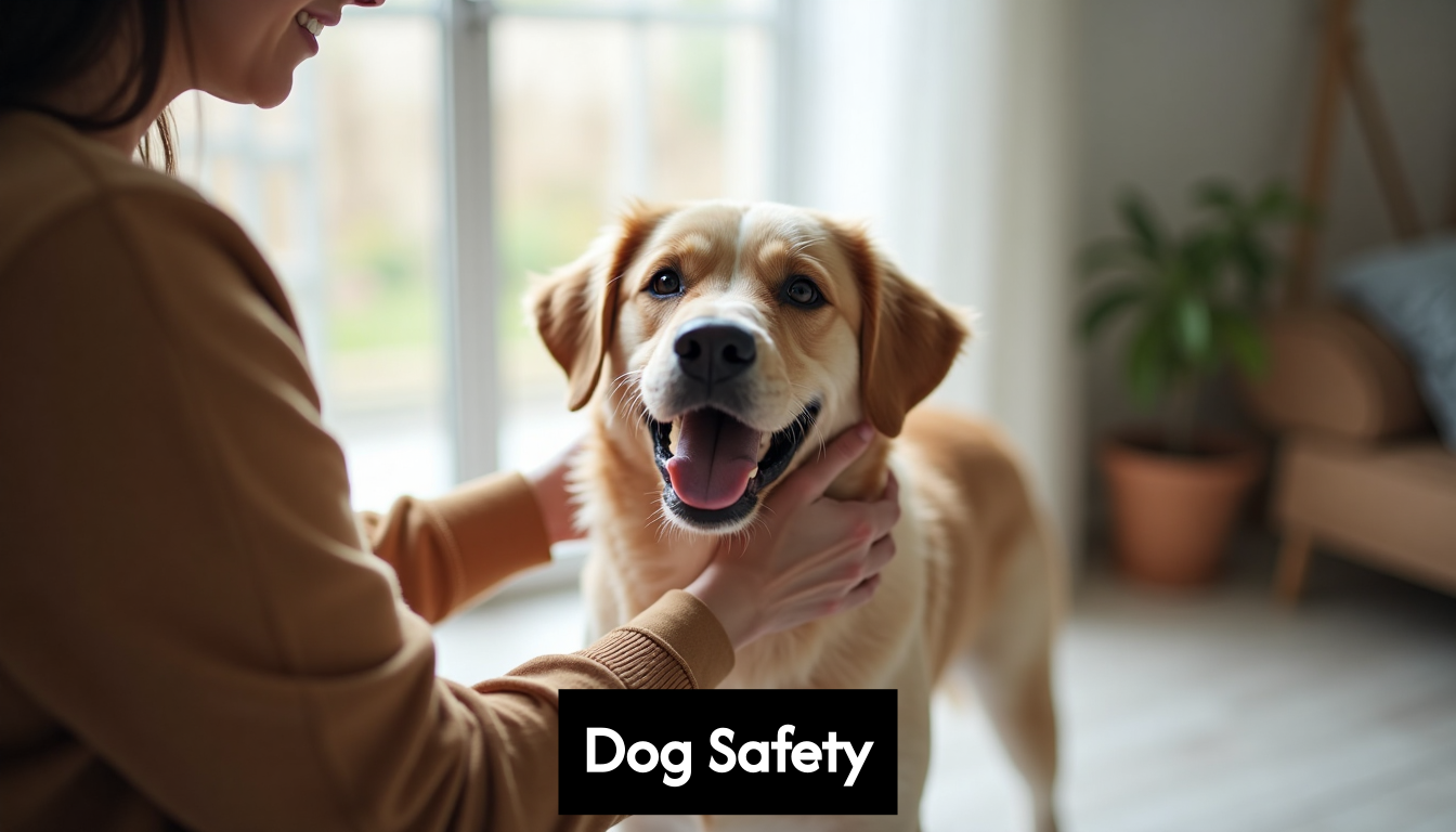 Person pets happy dog indoors.