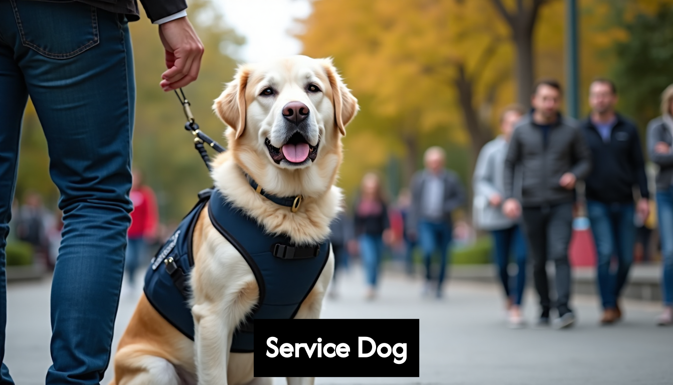 Service dog with handler in public outdoor area