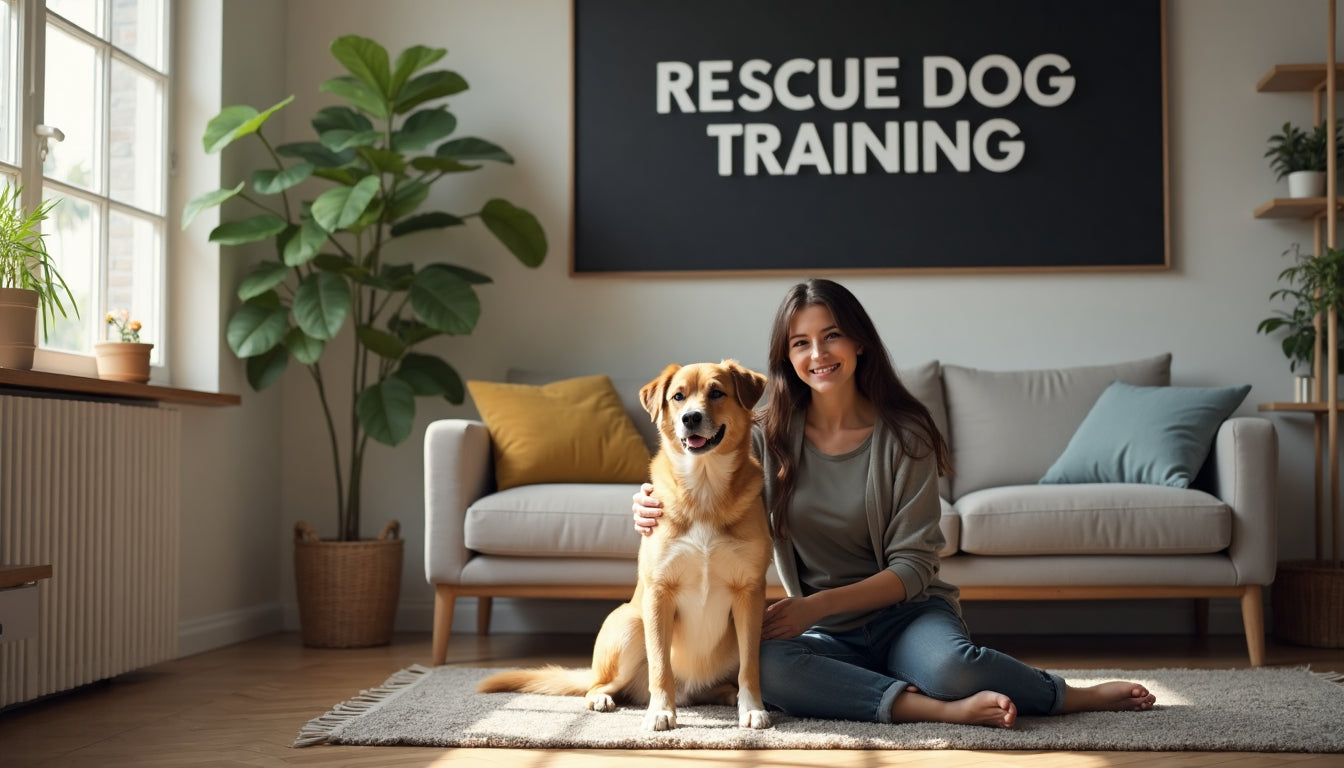 Owner and rescue dog bonding in sunlit living room with training poster