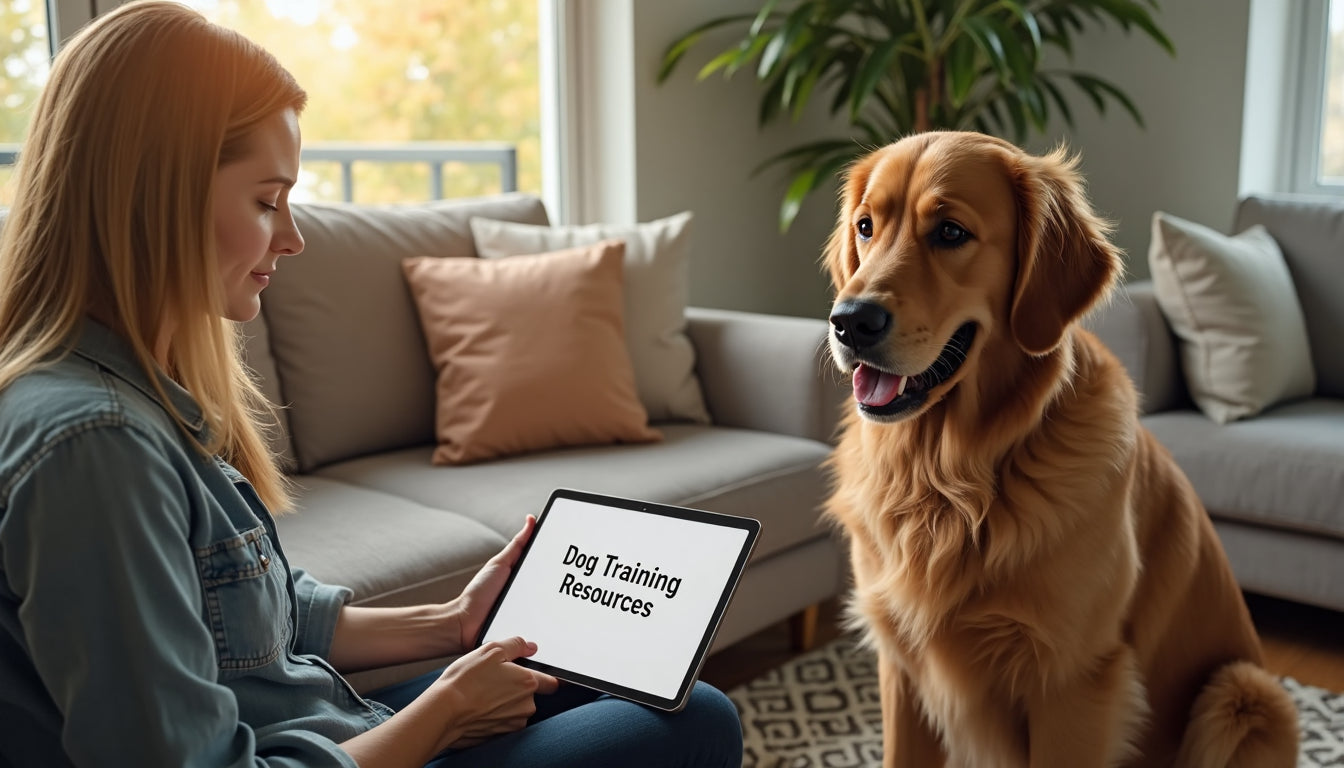 Woman and dog learn from tablet in sunny living room