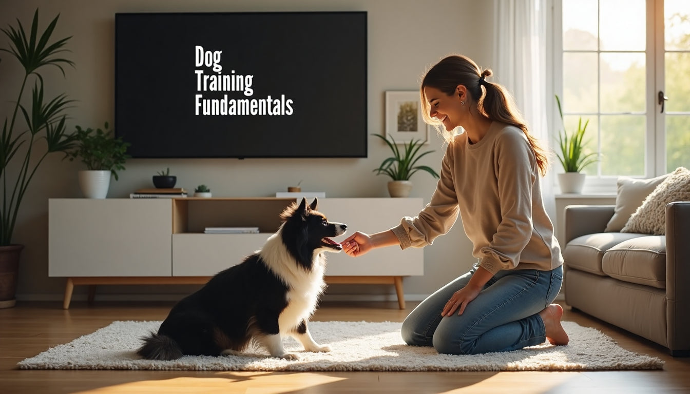 Woman training Border Collie in sunlit home with wall screen