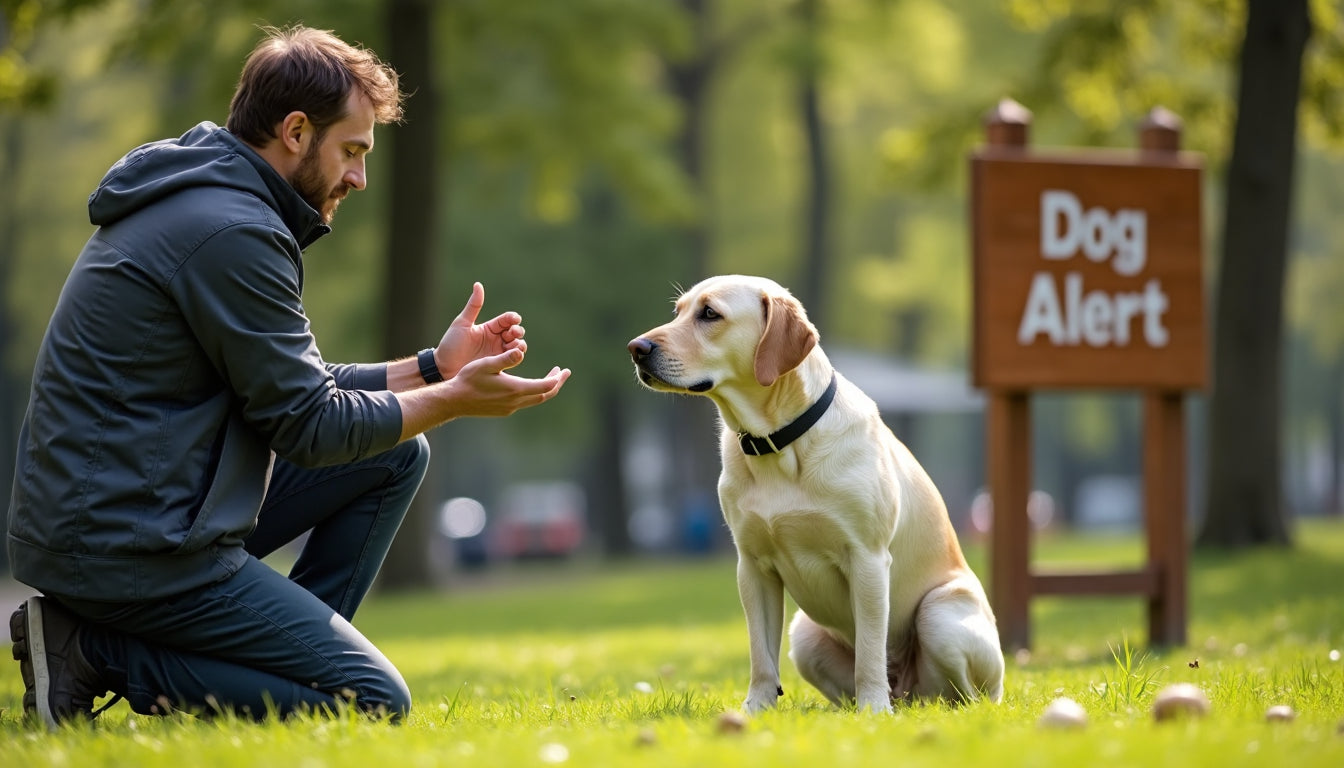 Handler training attentive service dog in sunlit park