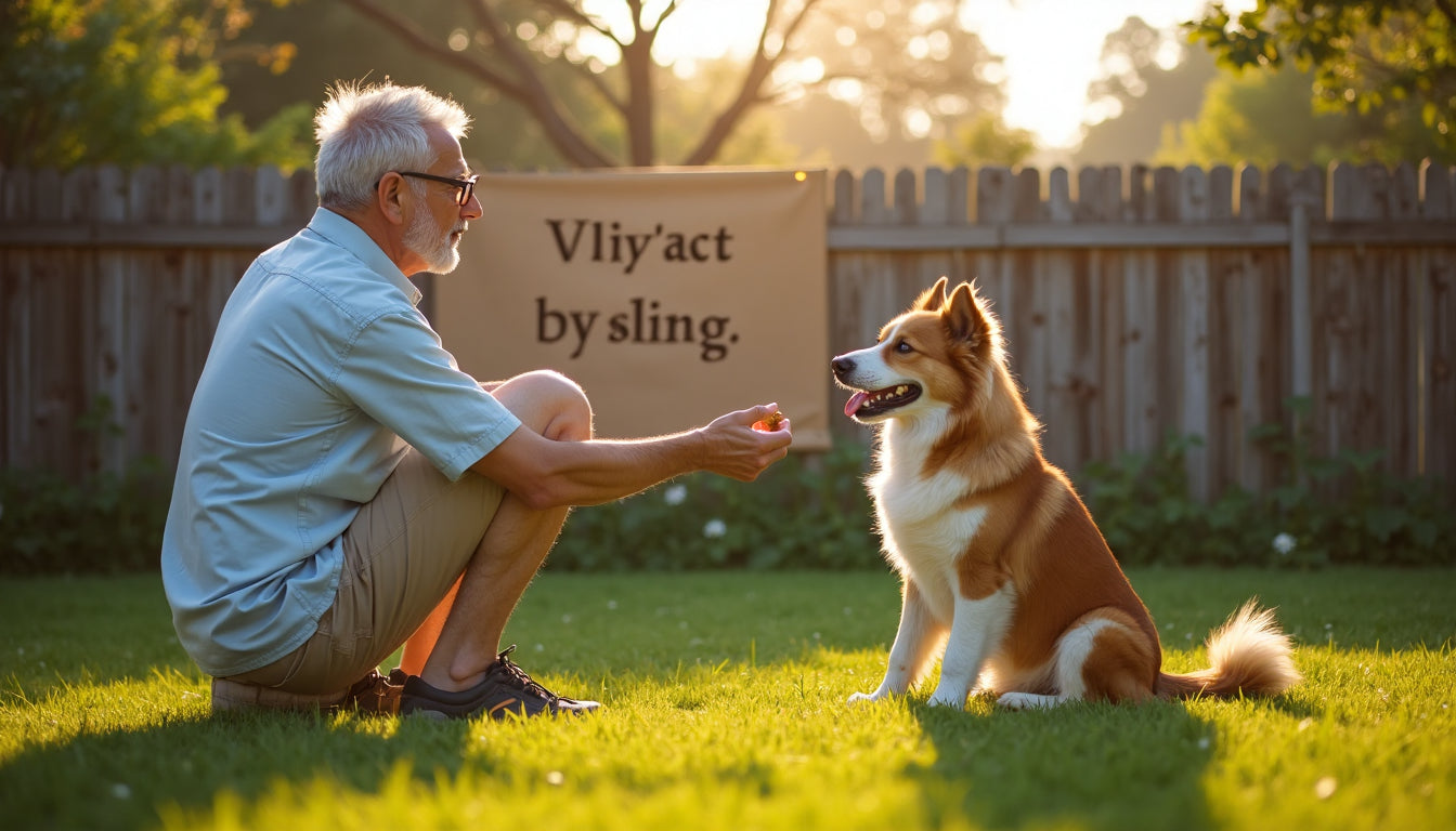 Person and dog practicing sit command outdoors
