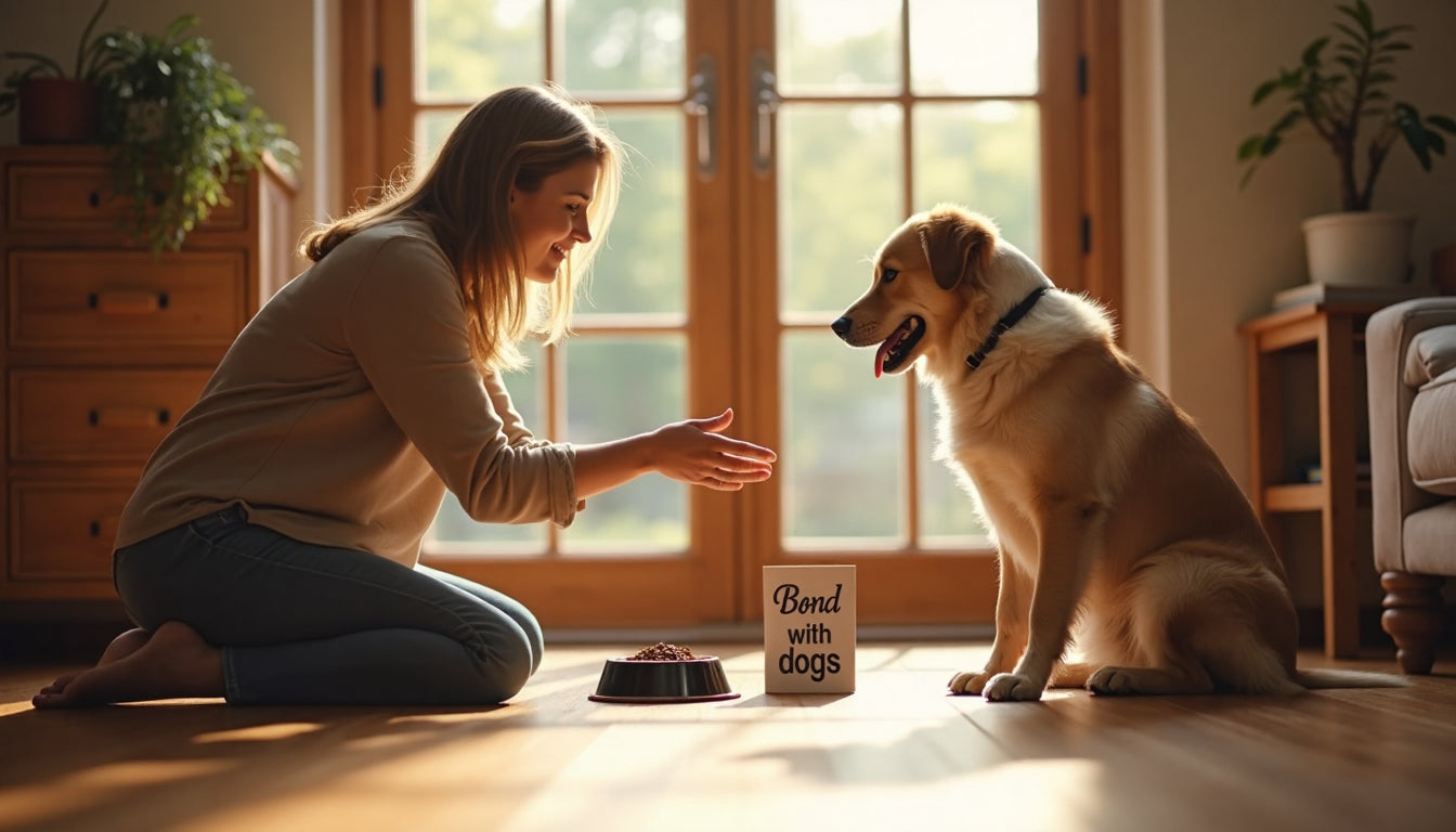 Person kneeling to greet dog in sunny living room