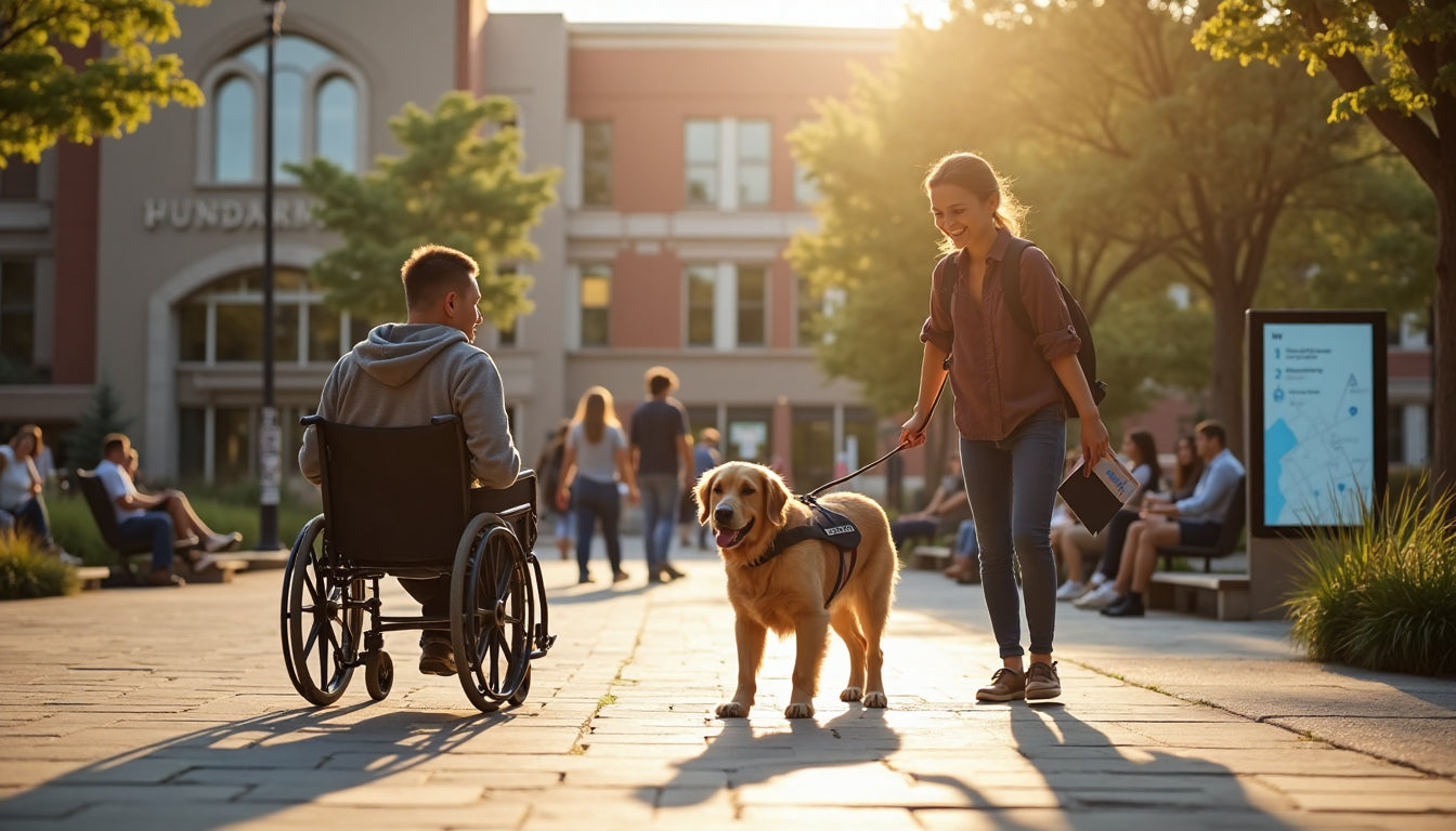 Person in wheelchair with service dog on campus