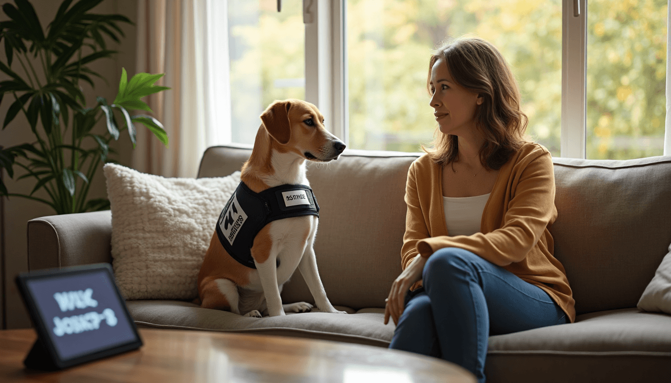 Owner and service dog together on couch in sunlit room