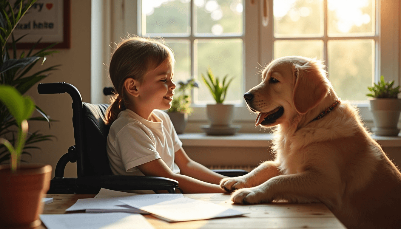 Child in wheelchair with puppy and training poster