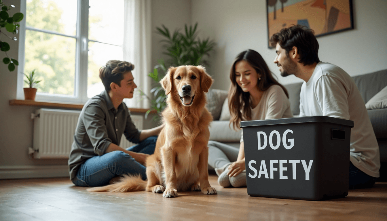 Family with golden retriever in dog safety home zone