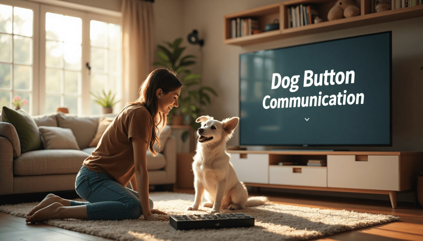Dog and owner train with soundboard in living room