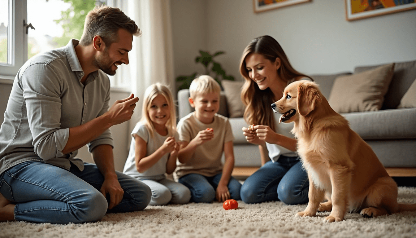 Family training golden retriever puppy in living room with puppy safety poster