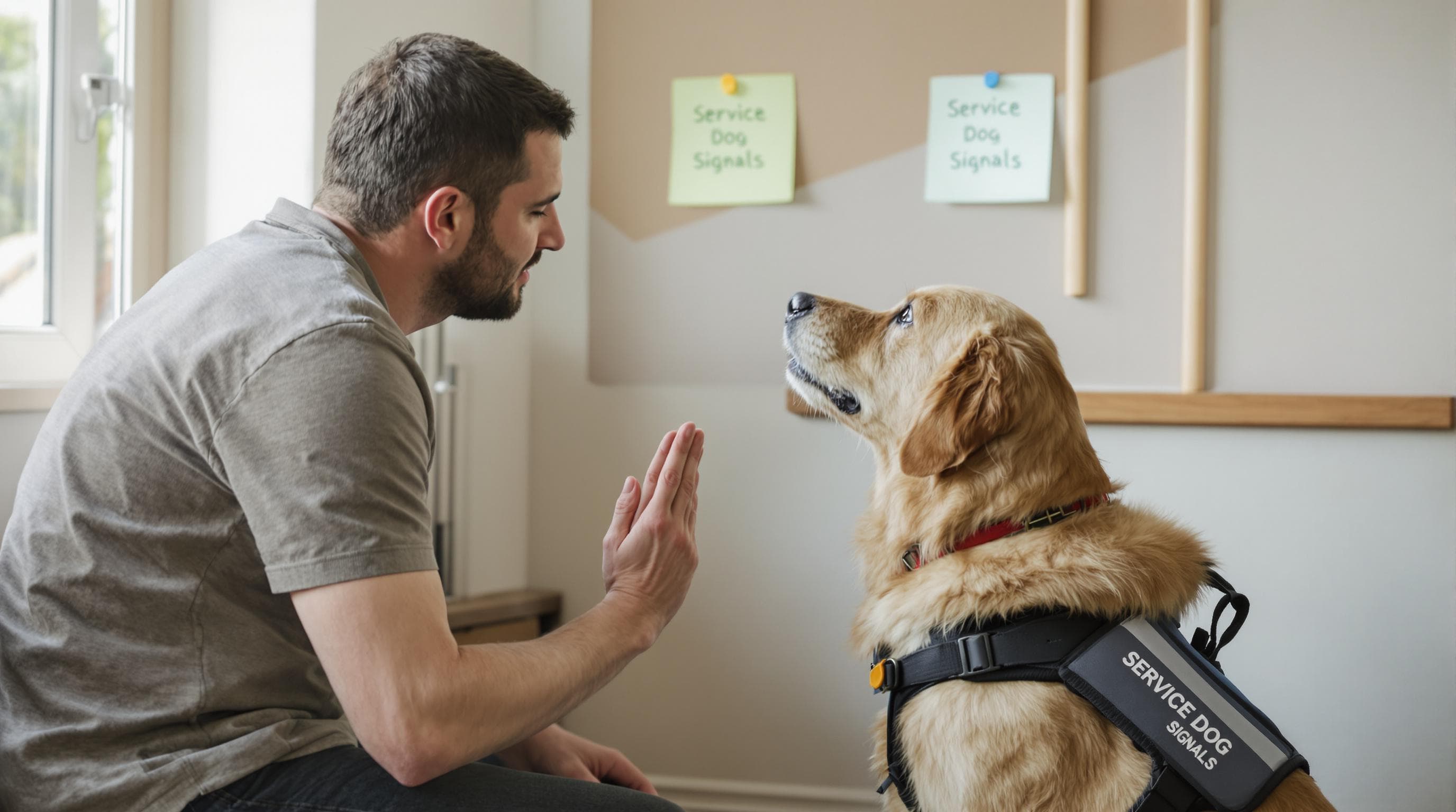Handler giving service dog a hand signal at home, building trust