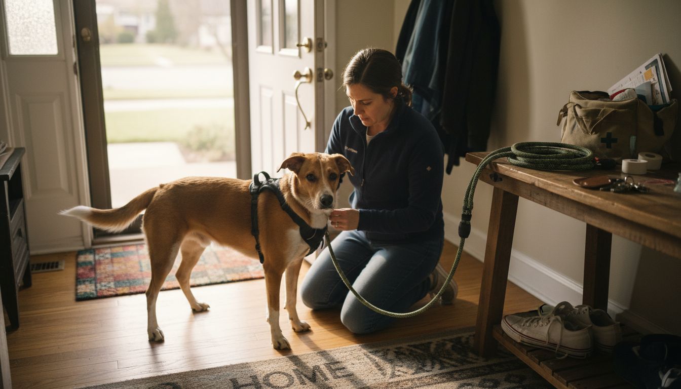 Dog owner securing harness near entryway for safety