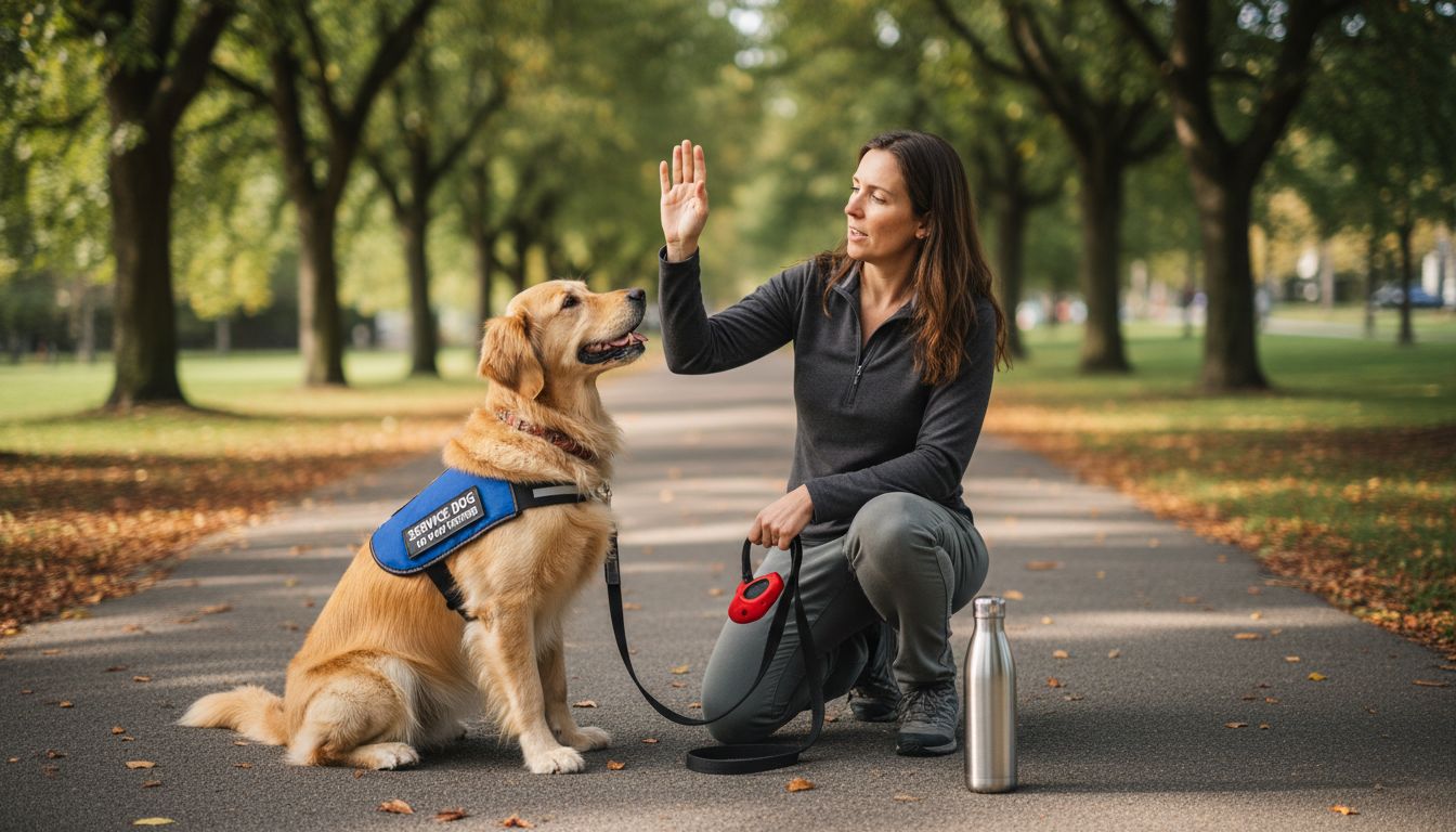 Woman training service dog with sit cue outdoors