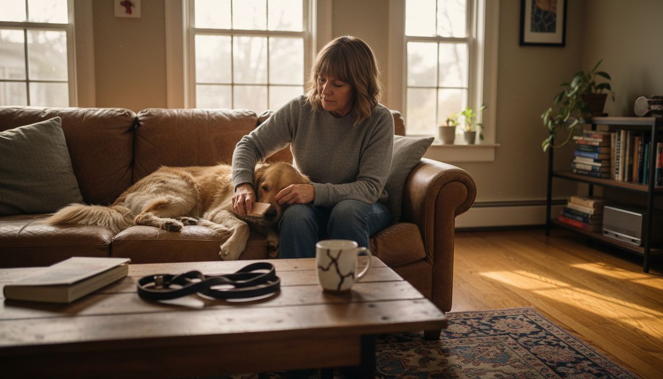 Woman bonding with dog in cozy living room