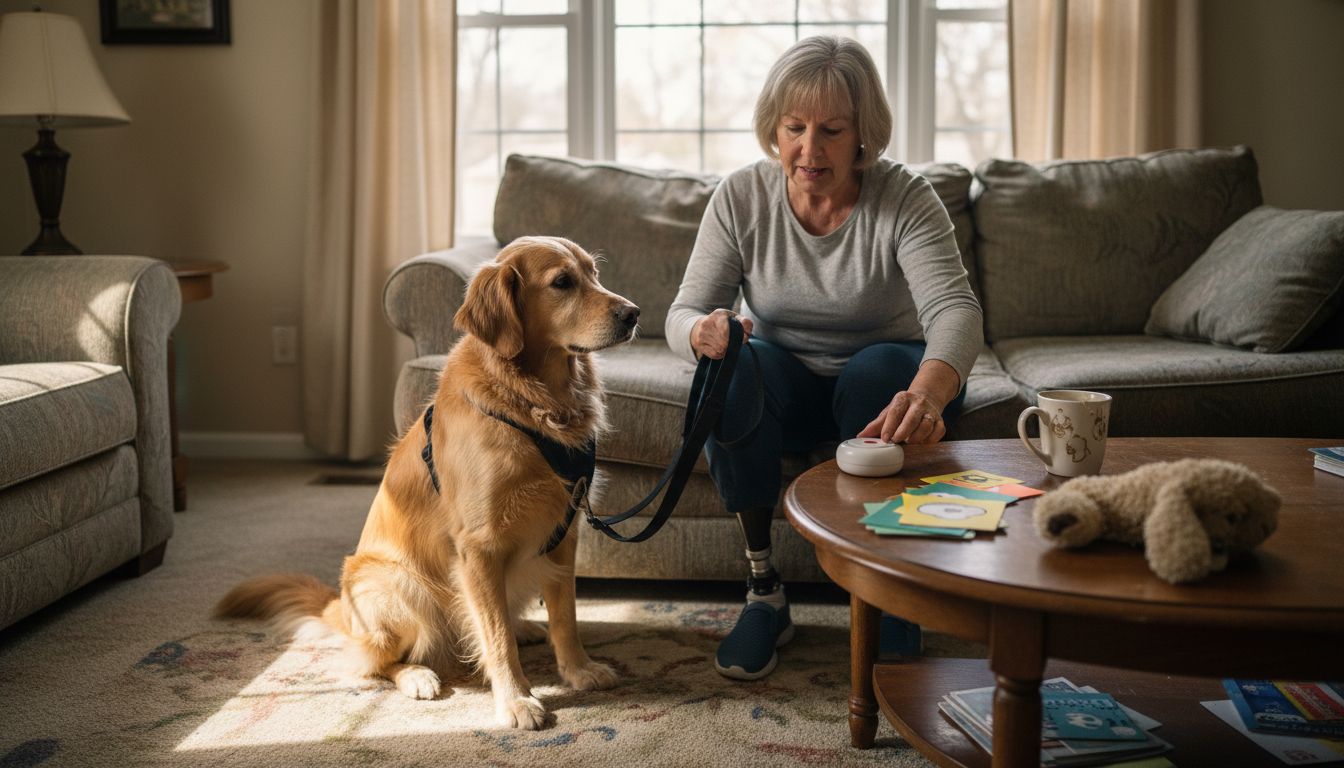 Woman teaching service dog communication aid
