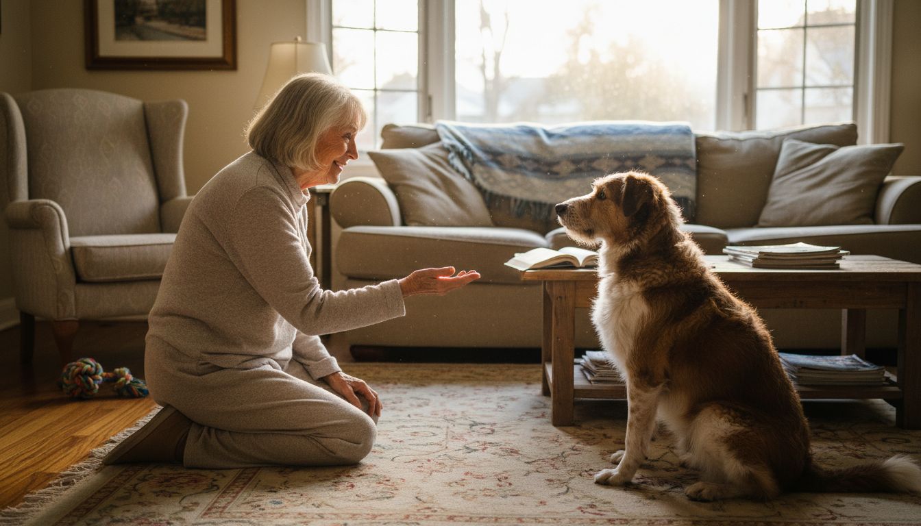 Owner and dog communicating in bright living room