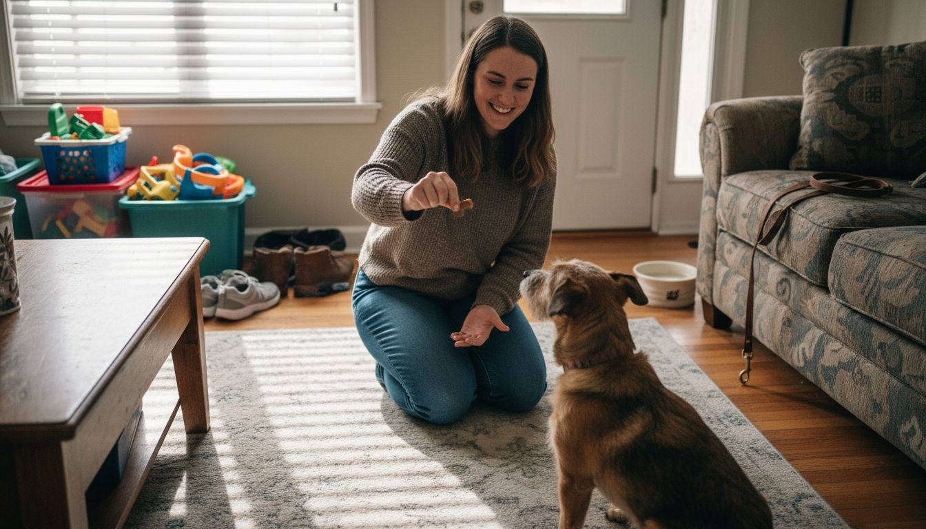 Woman training dog in cozy living room