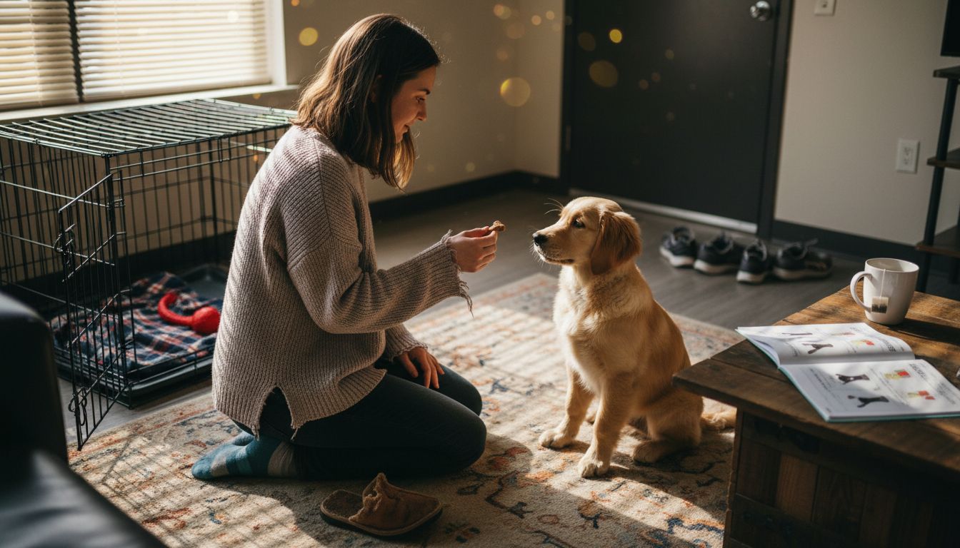 Woman training dog in casual living room scene