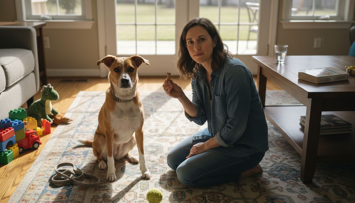 Dog owner kneeling training attentive dog
