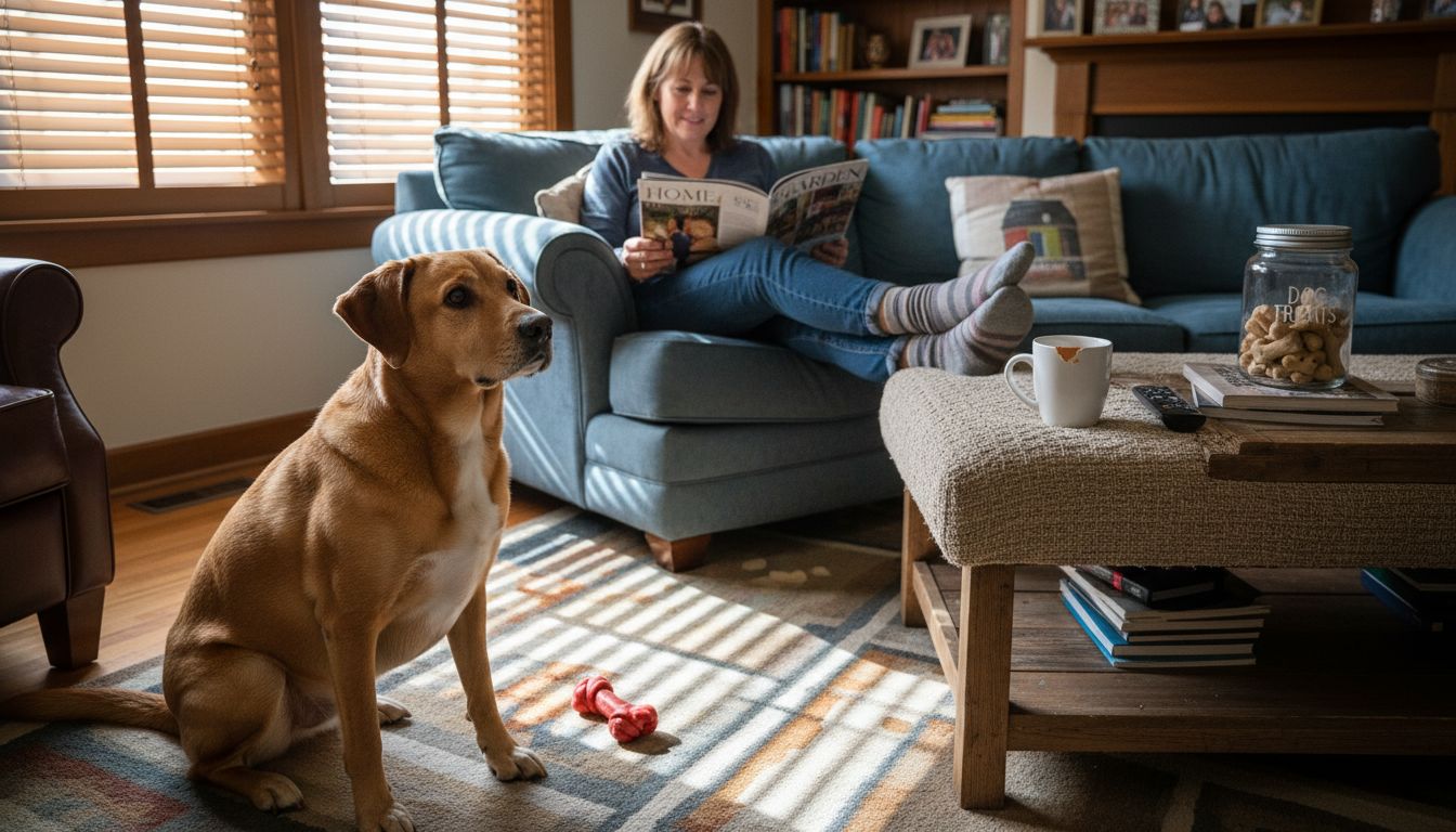 Attentive dog signaling in cozy living room