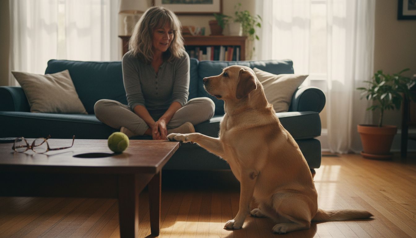 Owner and Labrador communicate in sunlit living room