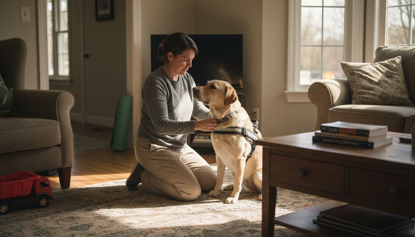 Woman helps service dog settle in home