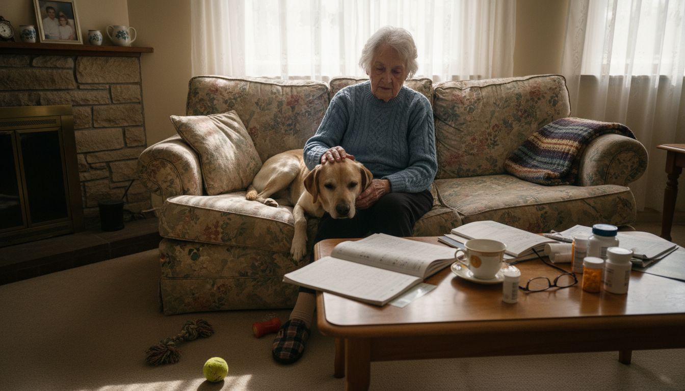 Elderly woman comforts aging Labrador at home