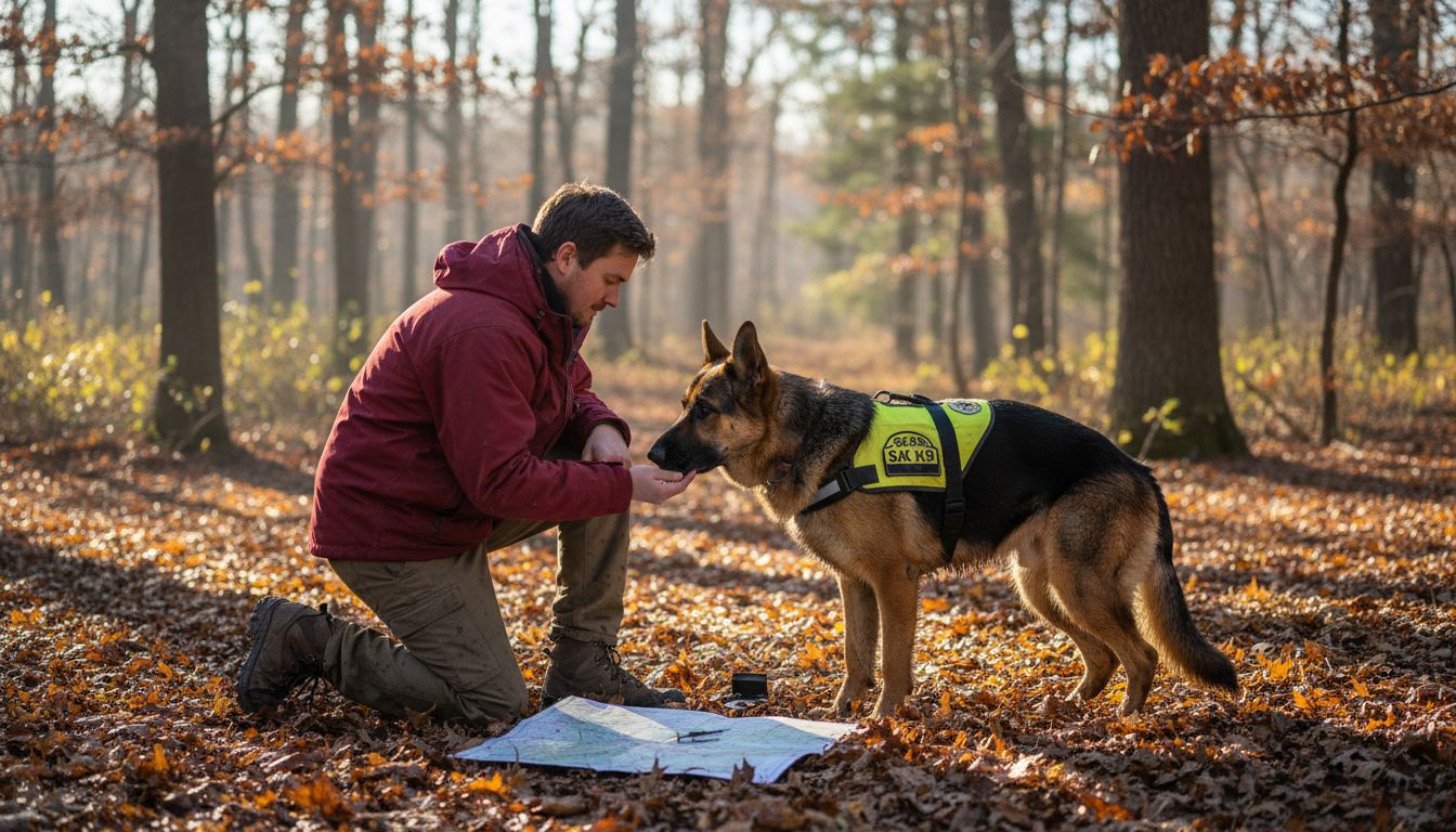 Rescue handler bonding with rescue dog in forest