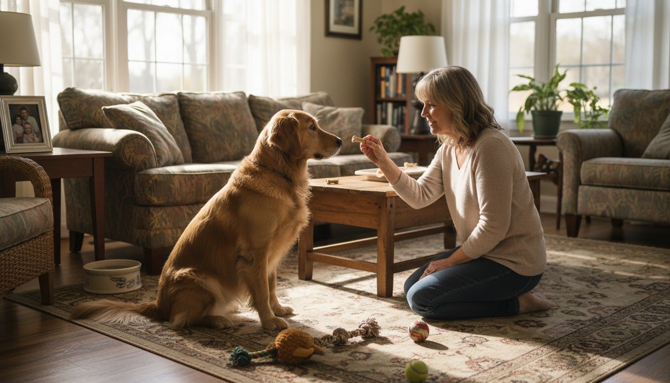 Dog and owner interact in living room during training