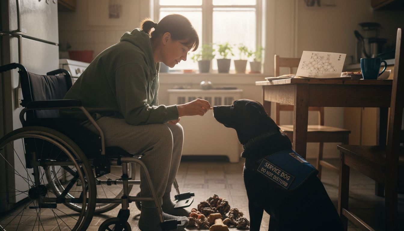 Woman in wheelchair with service dog in kitchen