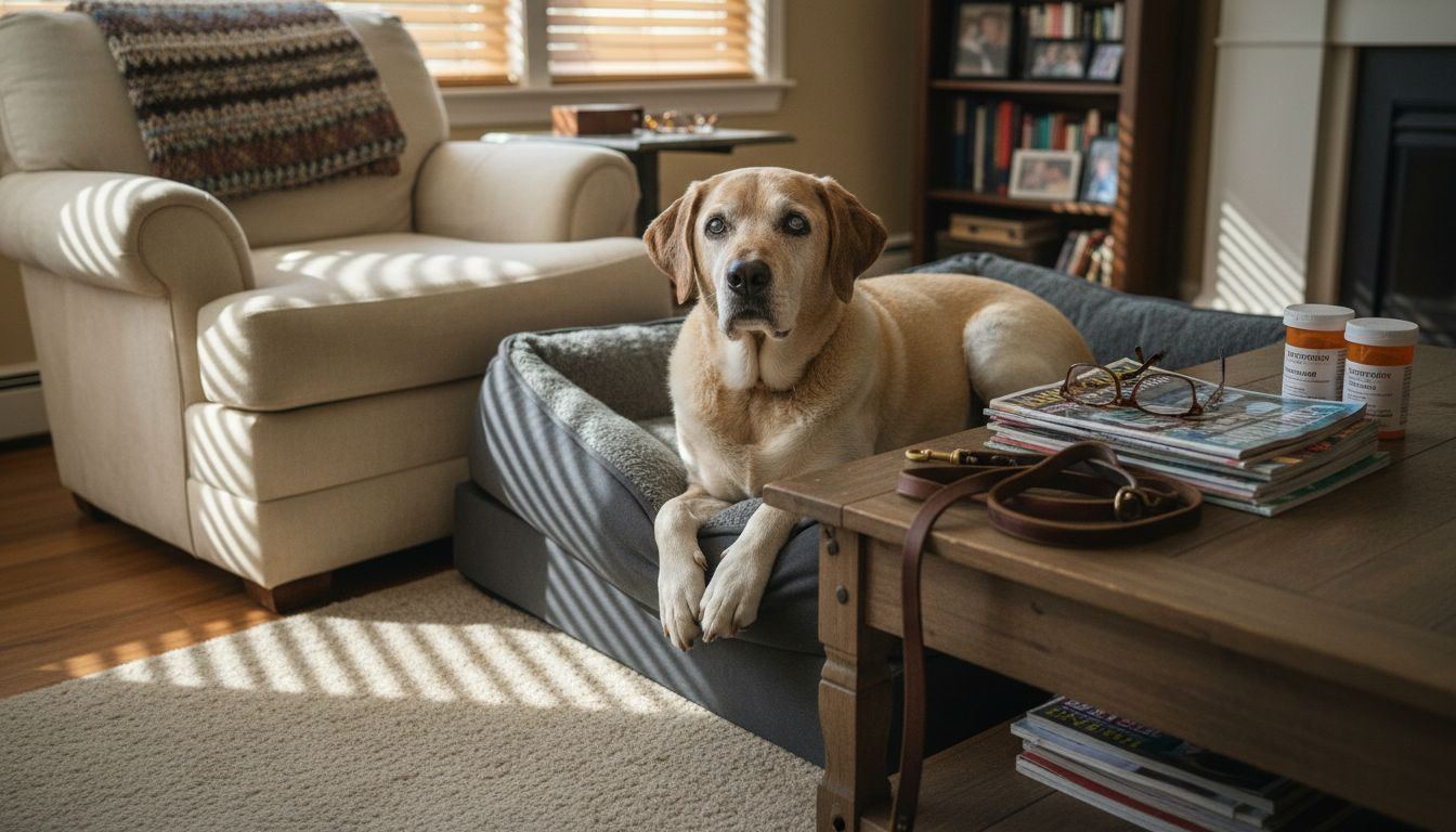 Senior Labrador resting safely in cozy living room