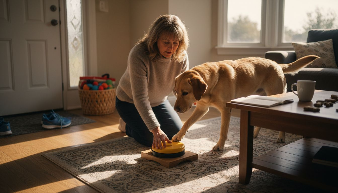 Dog using button to communicate with owner