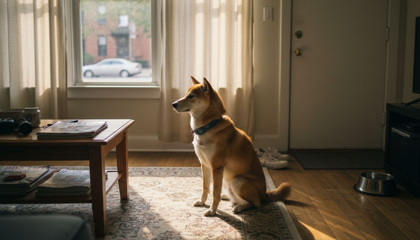 Shiba Inu gazing from apartment window