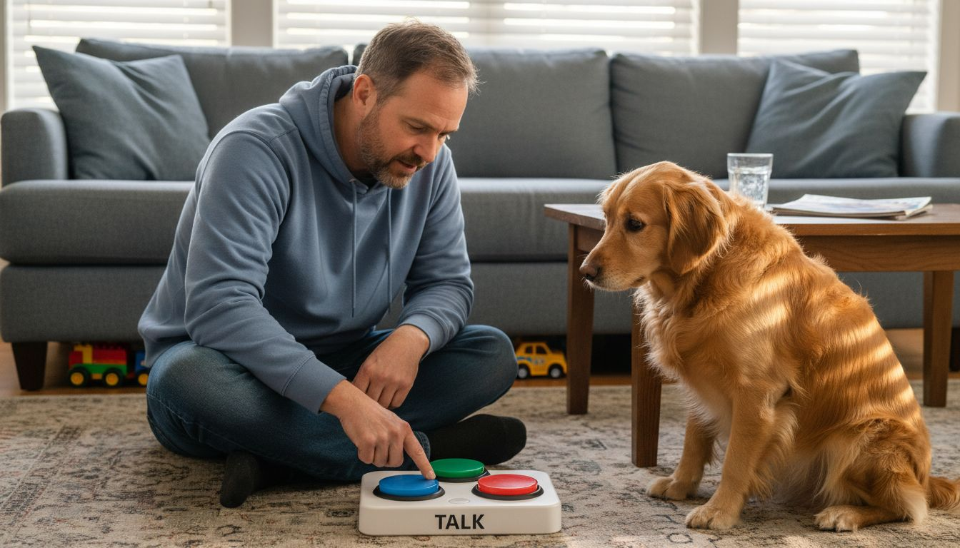 Owner training dog with communication buttons