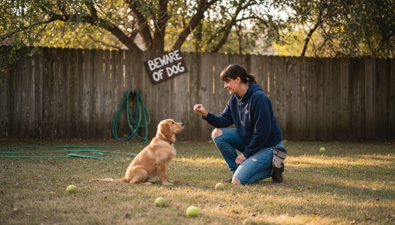 Dog owner teaching golden retriever to sit outdoors
