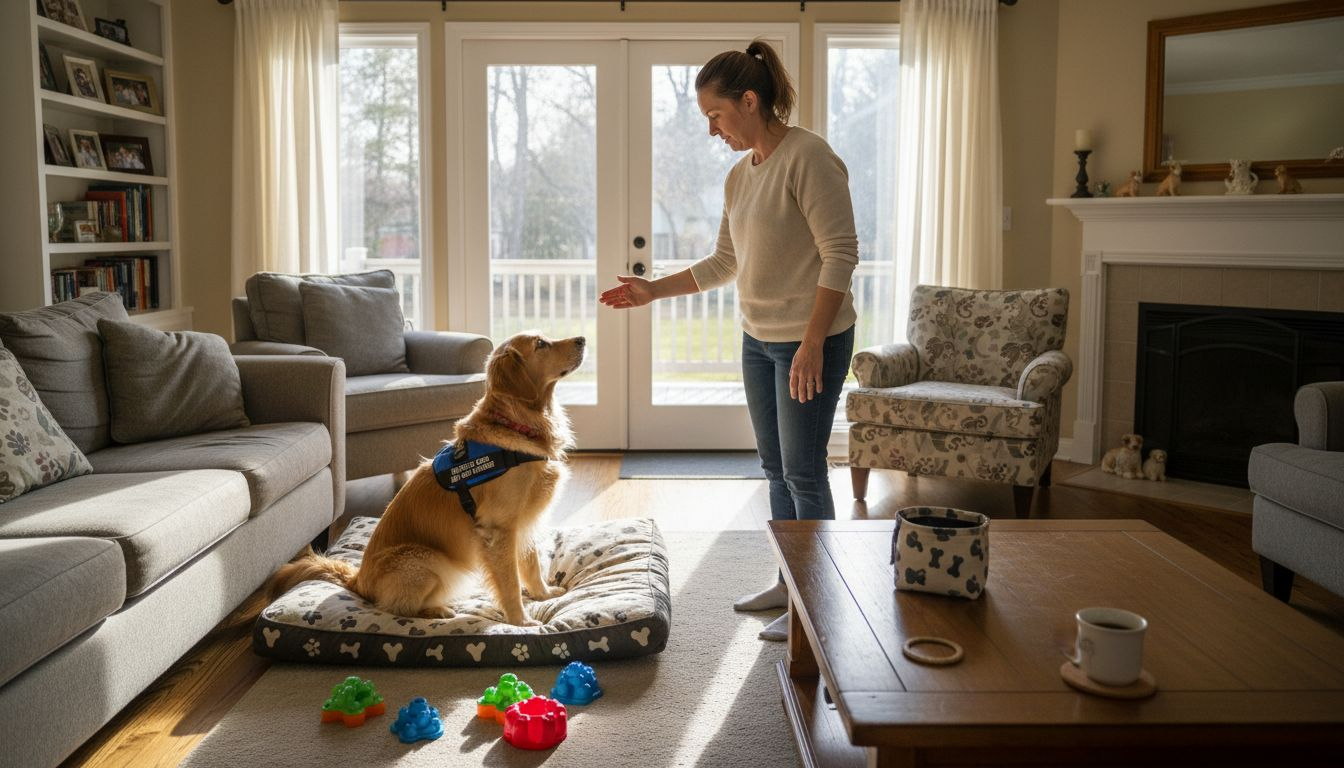 Service dog and owner practicing training at home