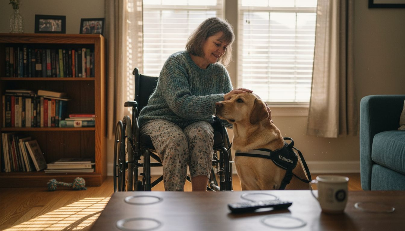 Woman in wheelchair with service dog at home