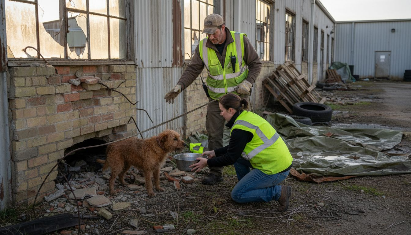 Rescue team helping frightened dog outdoors