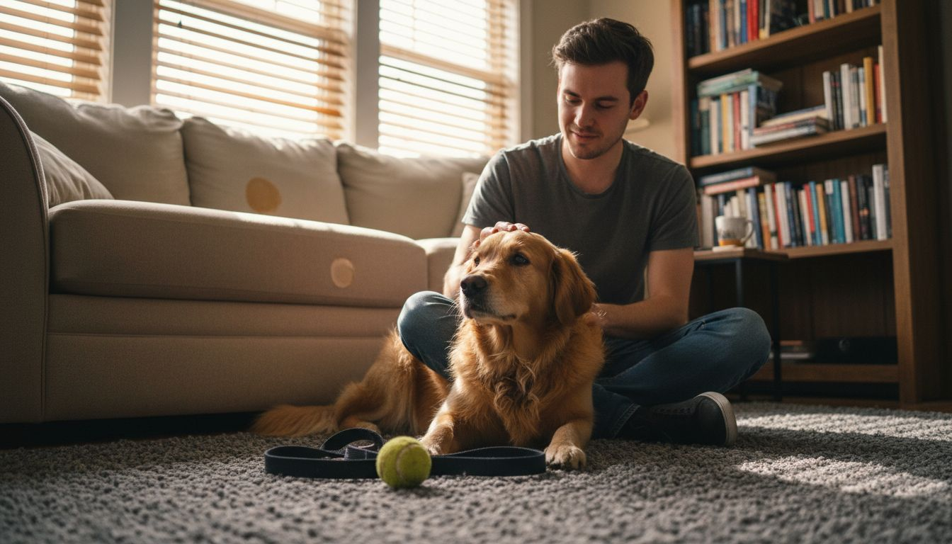 Man and dog together in cozy apartment