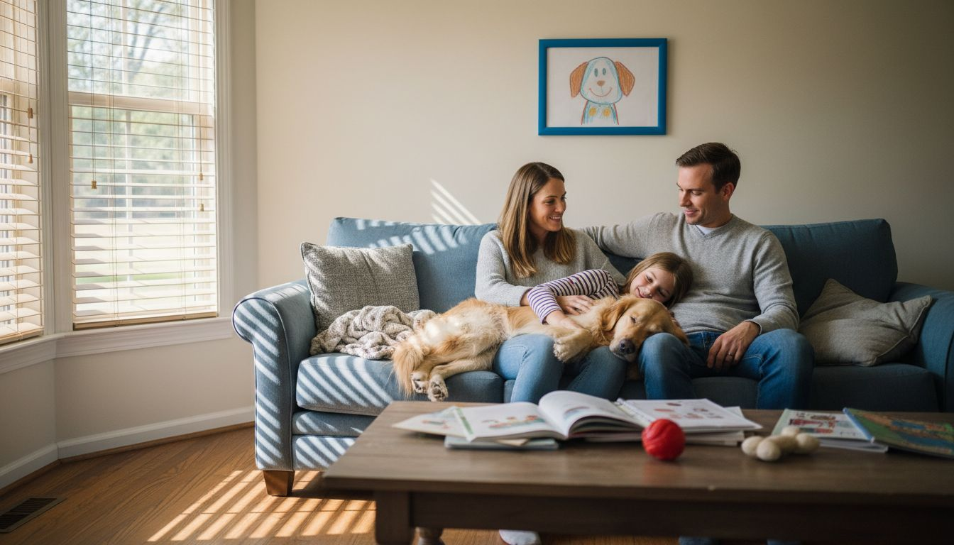 Family relaxing with dog in living room
