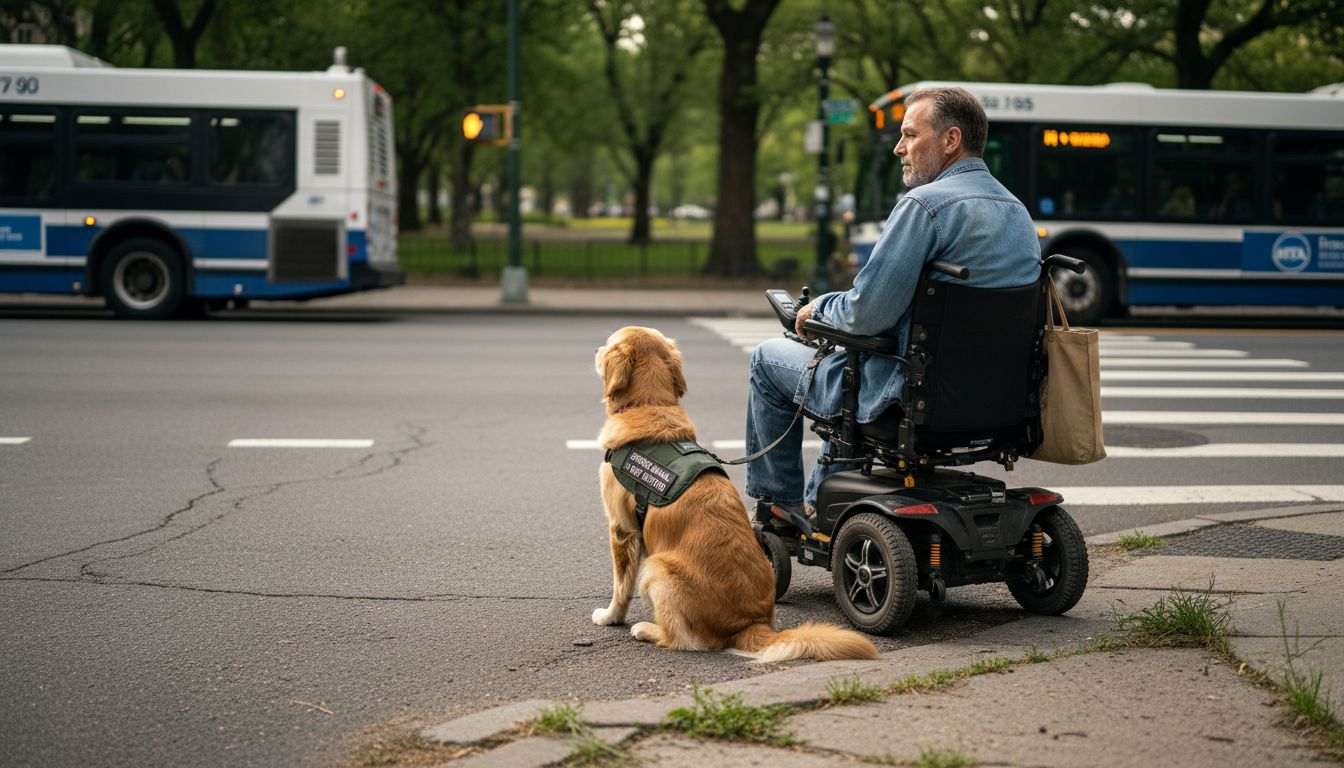 Man in wheelchair with support dog at crosswalk