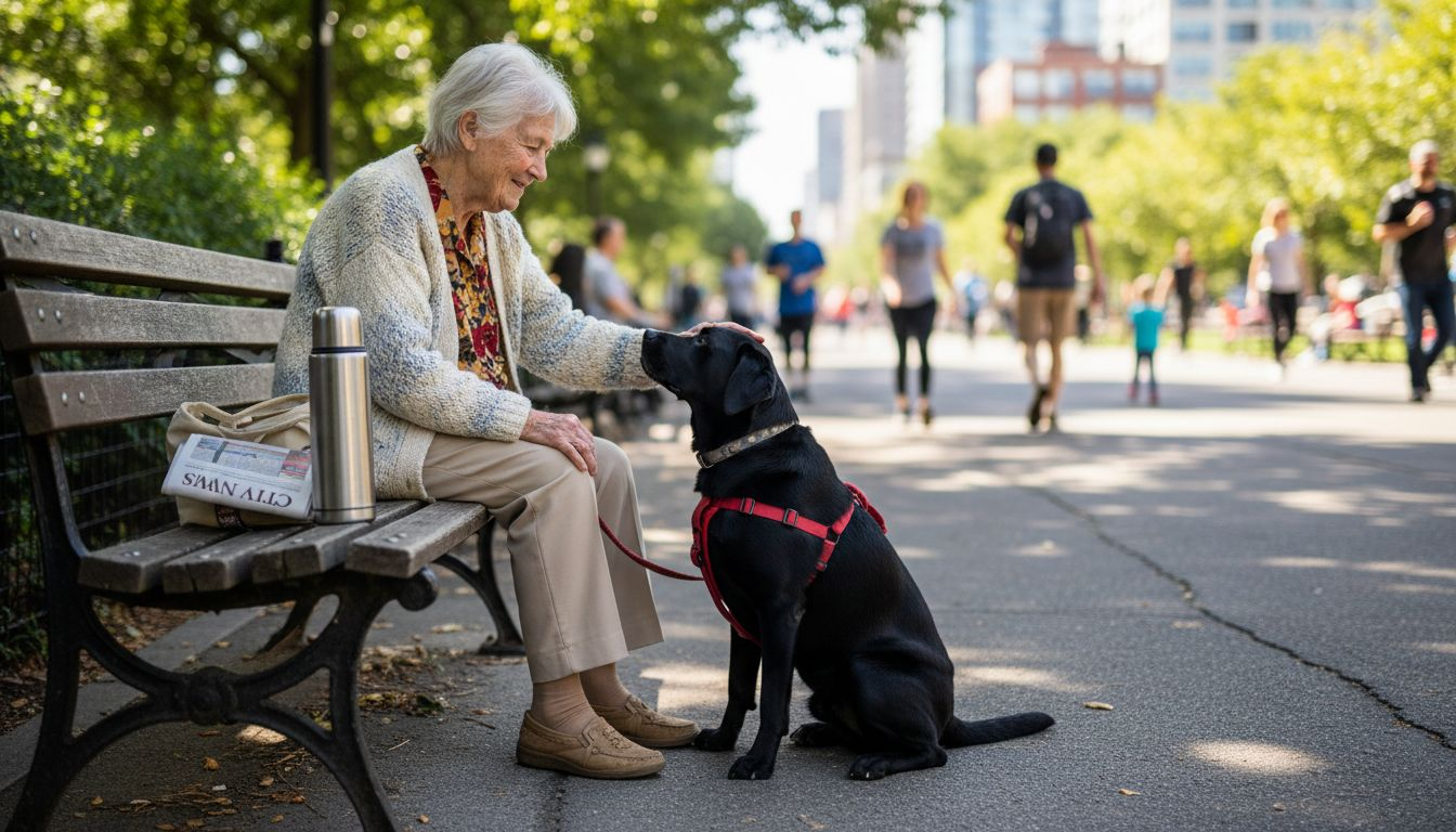 Senior with service dog in city park
