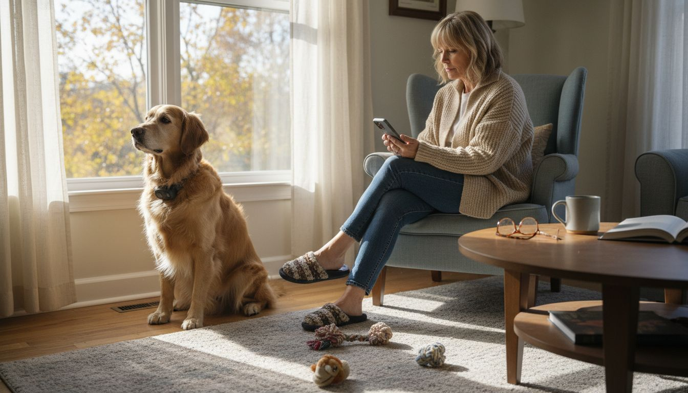 Dog with alert collar and owner at home