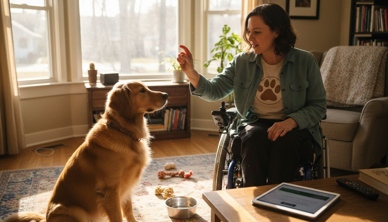 Disabled pet owner signaling to attentive service dog