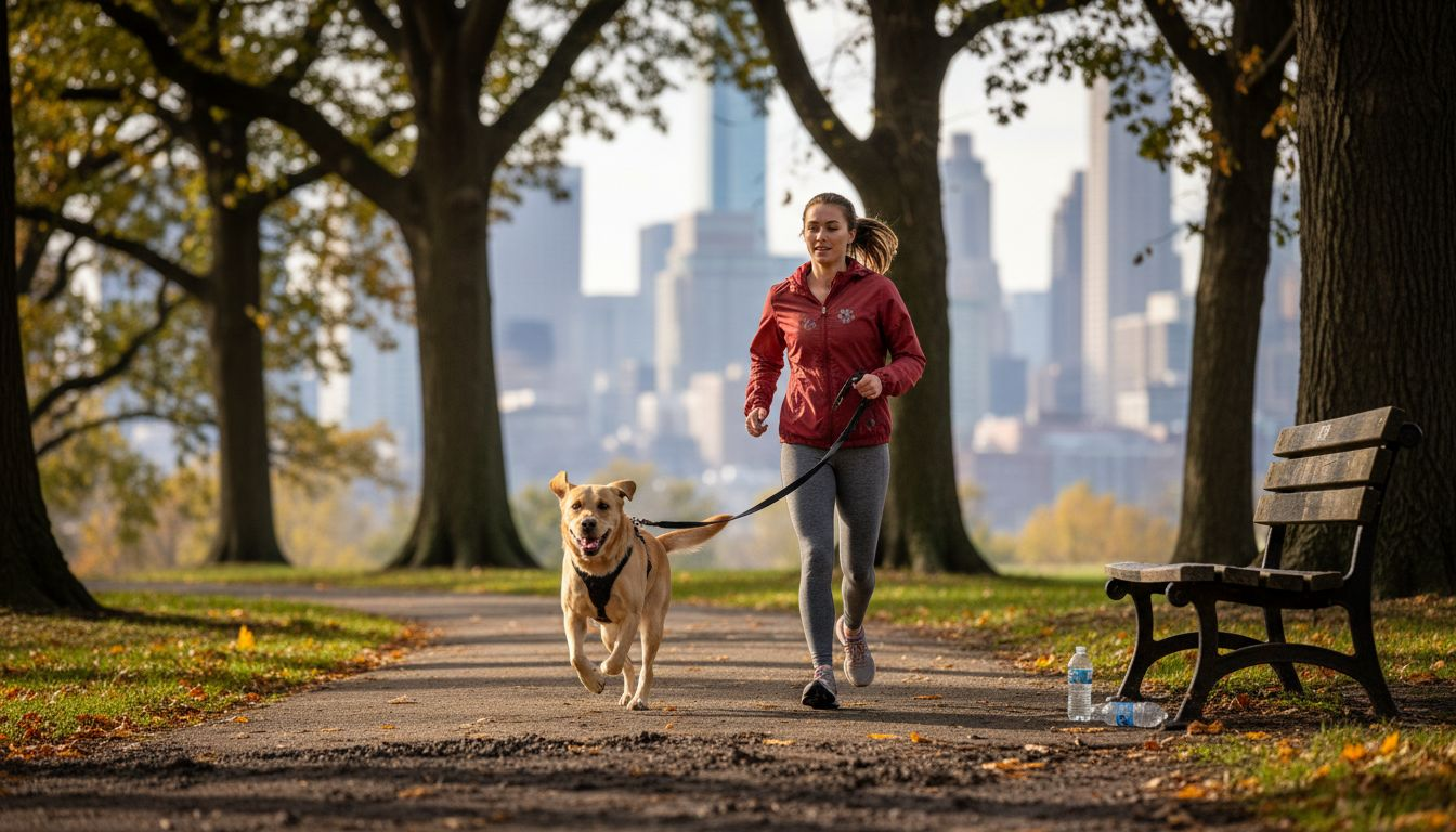Labrador running with owner in morning park