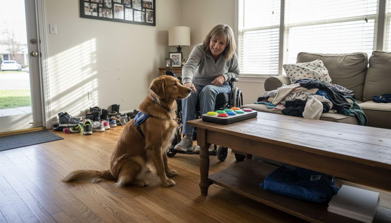 Disabled woman training service dog with device