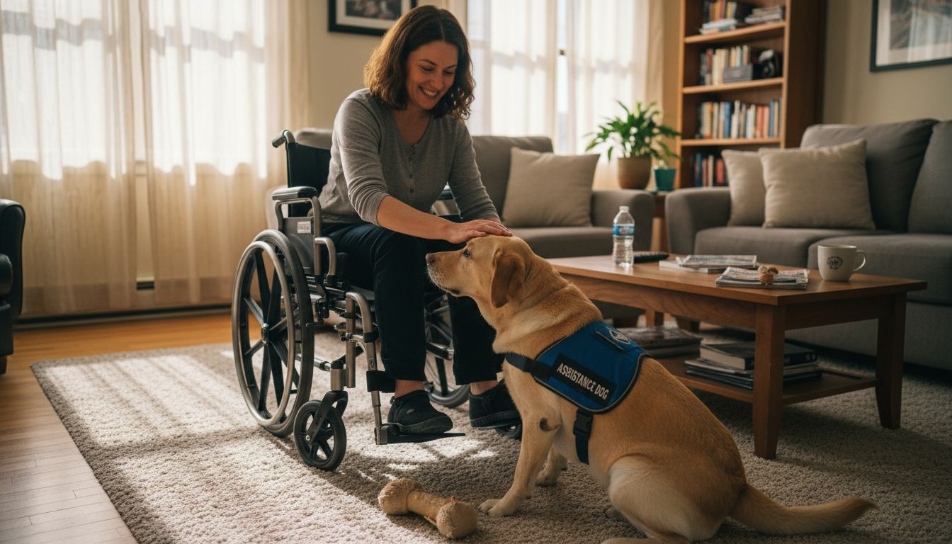 Alert dog assisting woman in wheelchair at home