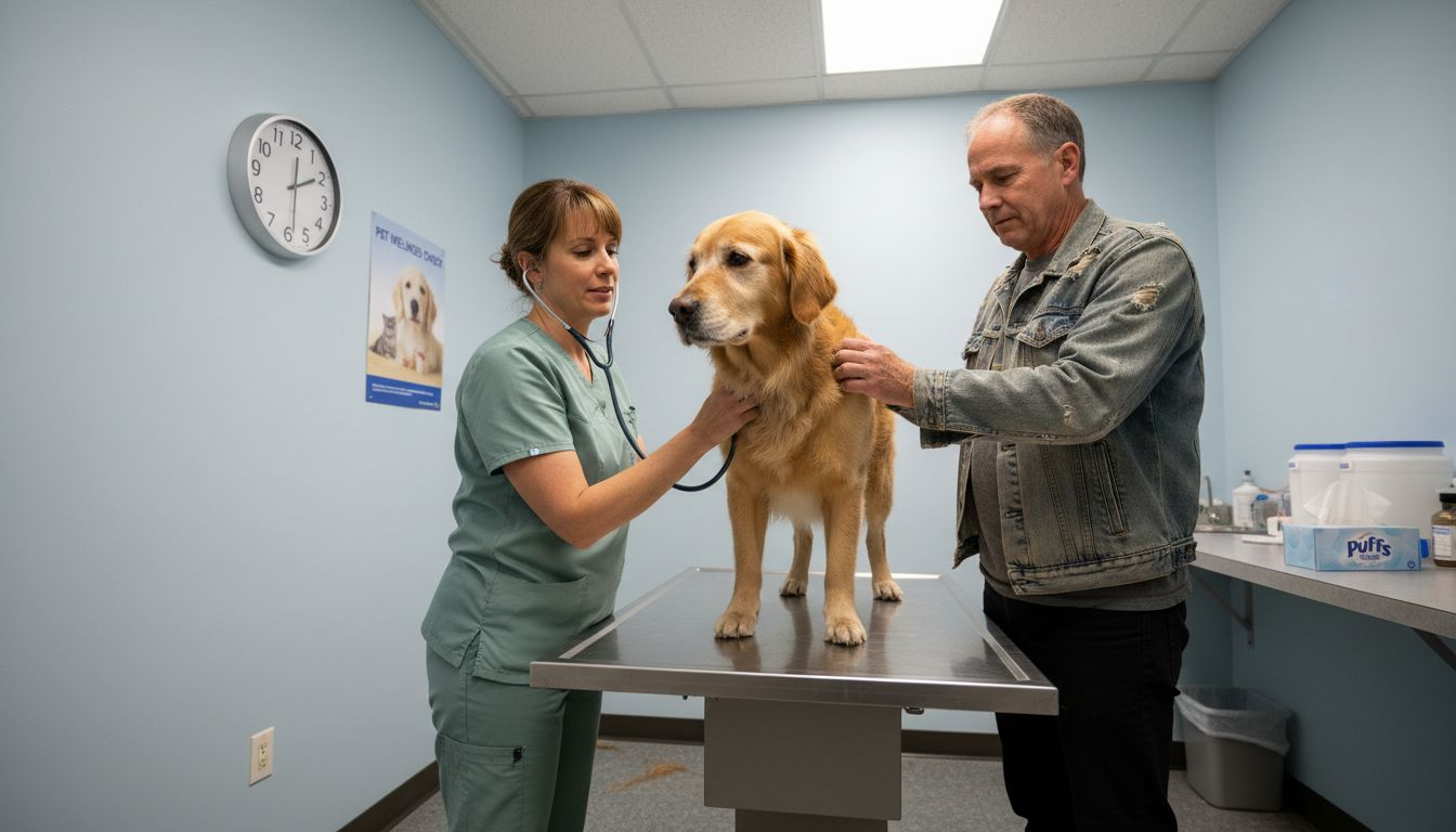 Dog at vet exam with owner watching